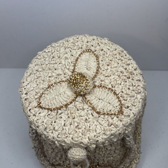 Vintage Handmade Cream Crochet Floral Boho Bucket Bag Purse Womens - Picture 3 of 6